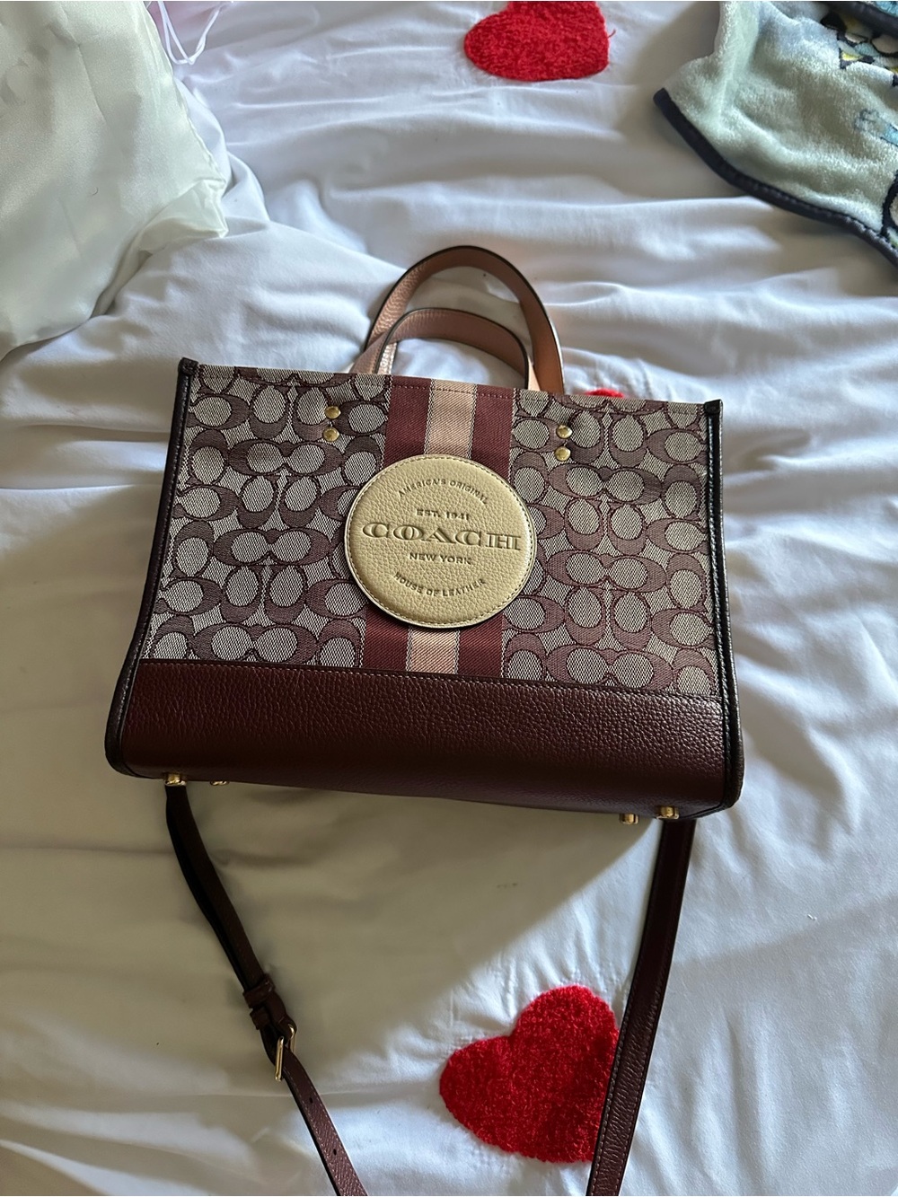 Coach Burgundy and Beige Signature Stripe Tote